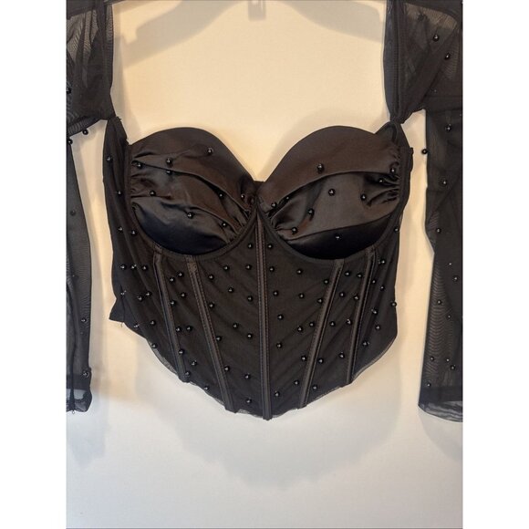 Windsor Womens Black Sheer Sleeve Beaded Corset Top Sz M NEW Goth Whimsigoth - Picture 2 of 9